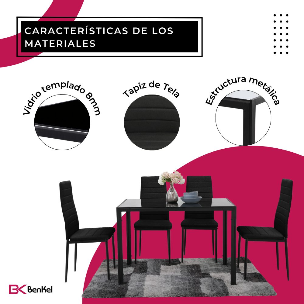 Comedor Con Mesa De Vidrio Templado En Color Negro BKM-001-NE+BKS-002