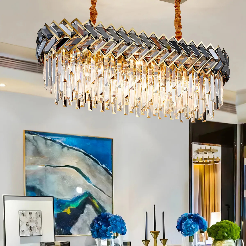 BKI007 – Candil Colgante Oval de Cristal Estilo Lujo Moderno, Dorado