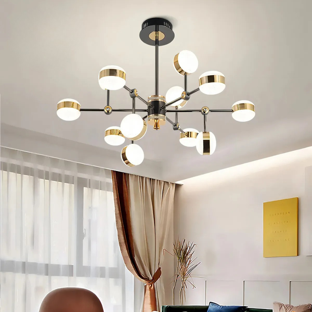 BKI004 – Candil Moderno Nórdico con 12 Luces LED, Acabado Negro Y Dorado