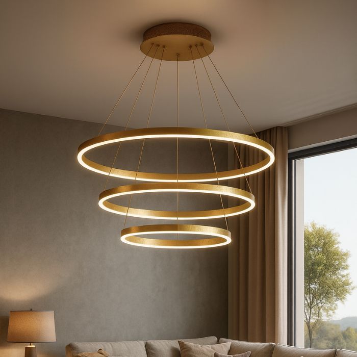 BKI059 – Lámpara Candil LED de Techo 3 Aros con 3 Tonos de Luz en Acabado Negro Moderno