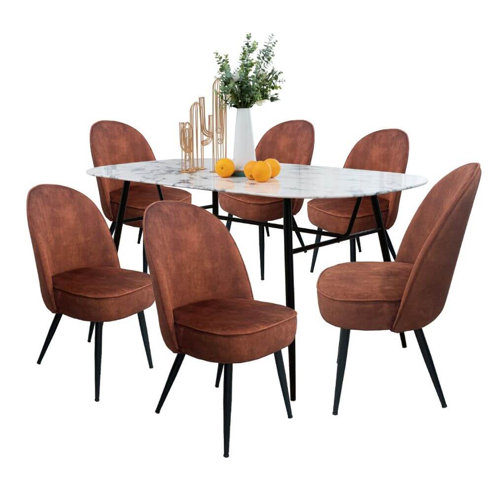 Comedor 6 Personas BKM-003 Vidrio Tipo Mármol + 6 Sillas Tipo Terciopelo BKS-006