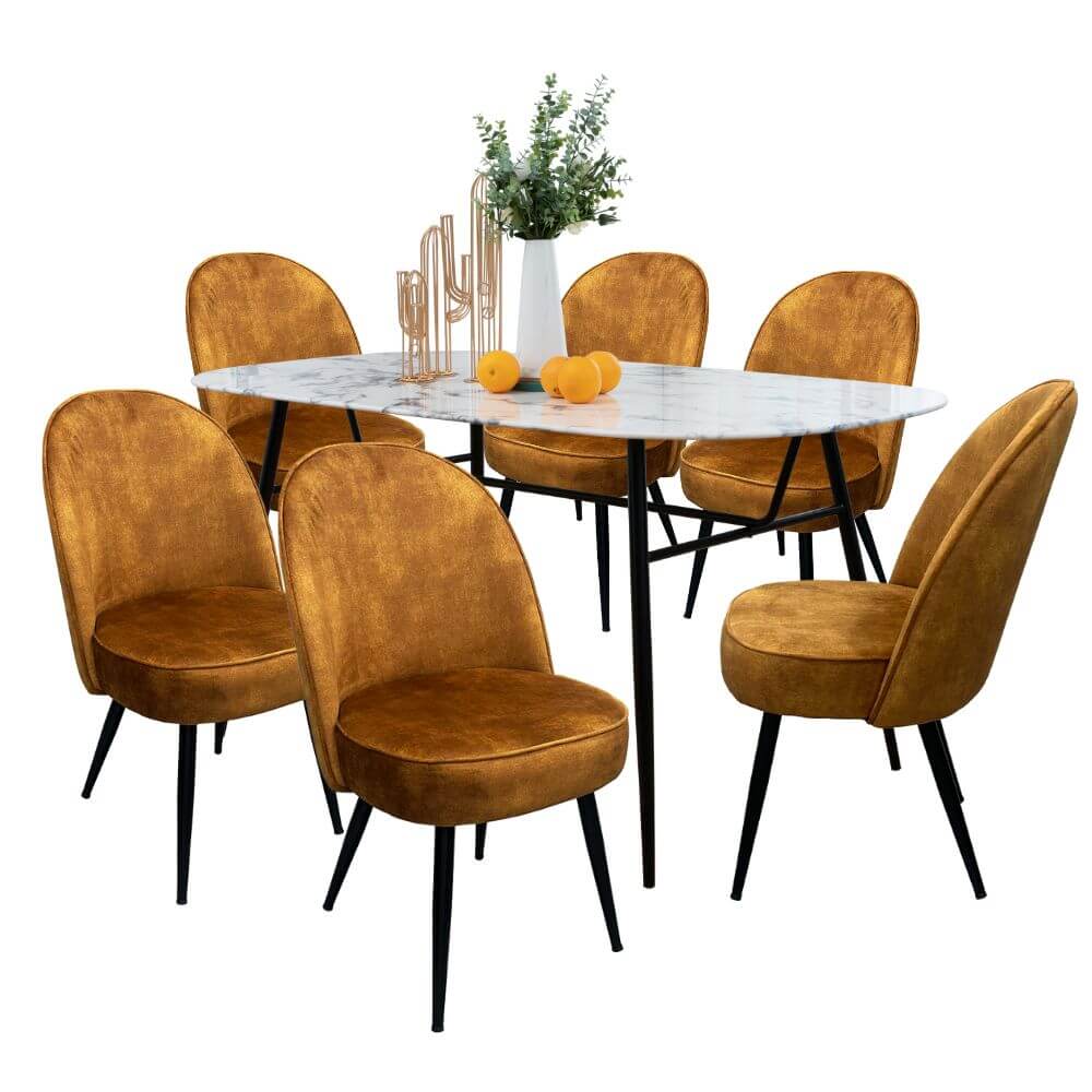 Comedor 6 Personas BKM-003 Vidrio Tipo Mármol + 6 Sillas Tipo Terciopelo BKS-006