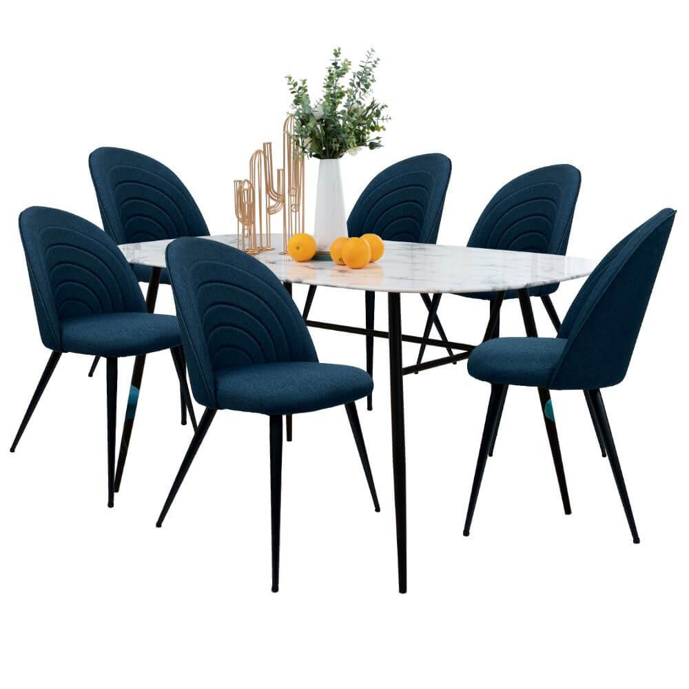 Comedor 6 Personas BKM-003 Tipo Mármol Blanco + 6 Sillas Tela BKS-003