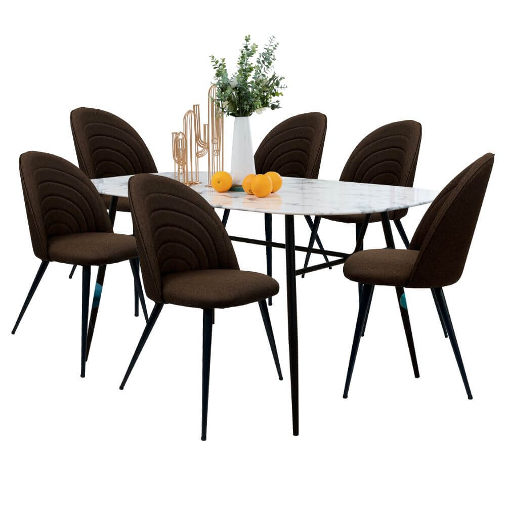 Comedor 6 Personas BKM-003 Tipo Mármol Blanco + 6 Sillas Tela BKS-003