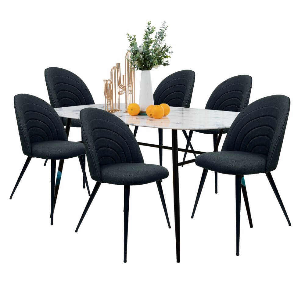 Comedor 6 Personas BKM-003 Tipo Mármol Blanco + 6 Sillas Tela BKS-003