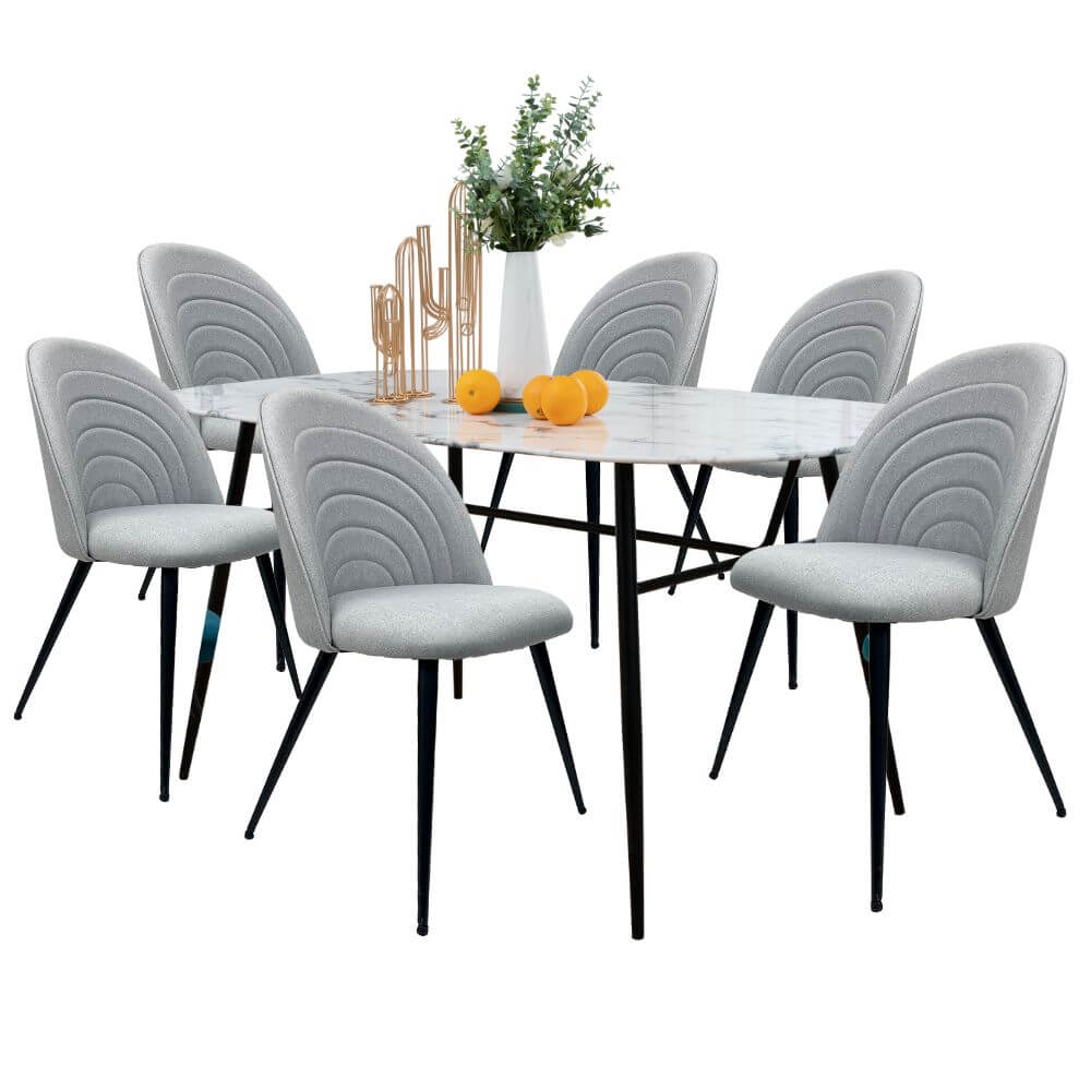 Comedor 6 Personas BKM-003 Tipo Mármol Blanco + 6 Sillas Tela BKS-003