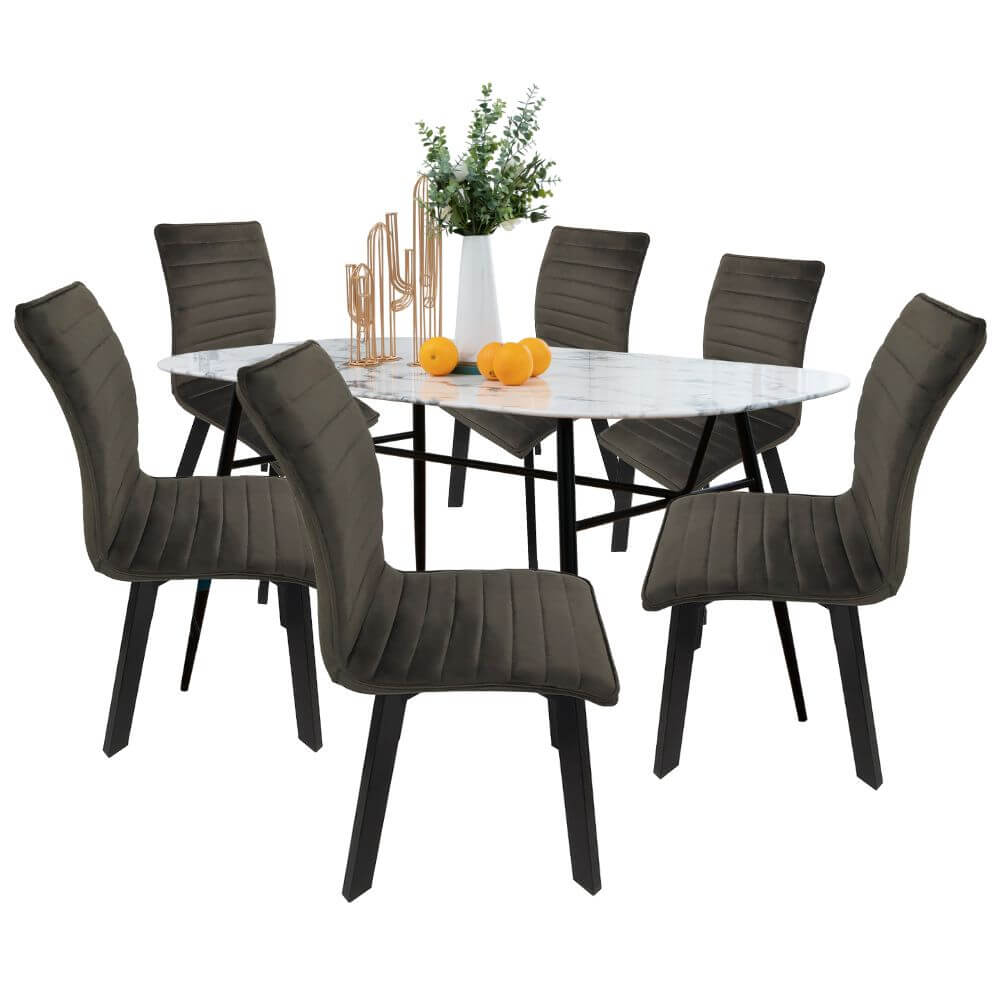 Juego de Comedor Ovalado con Vidrio Templado Efecto Mármol Blanco