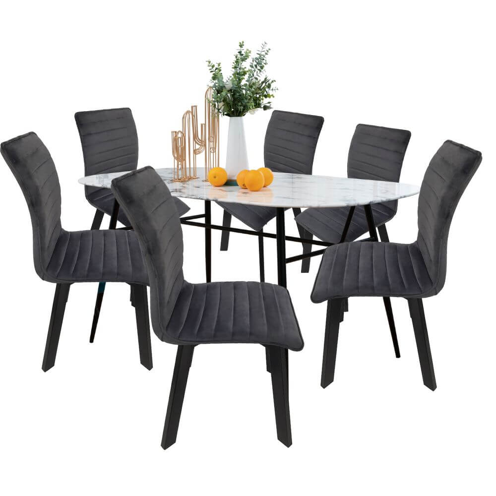 Juego de Comedor Ovalado con Vidrio Templado Efecto Mármol Blanco