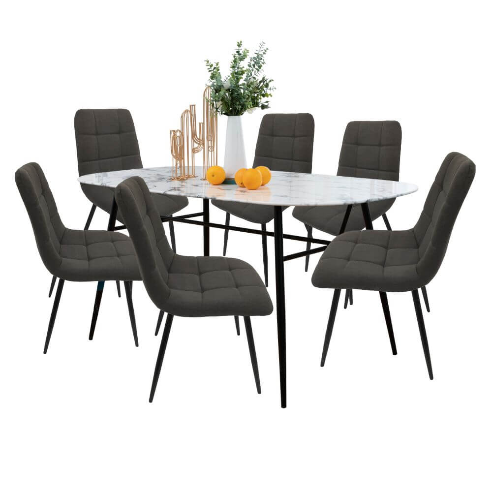 Comedor 6 Personas BKM-003 Tipo Mármol + 6 Sillas Tela BKS-005