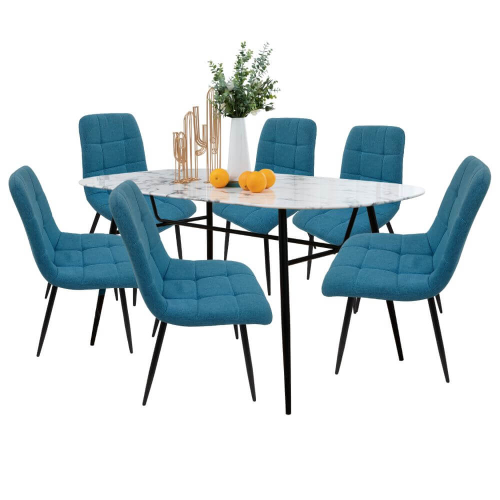 Comedor 6 Personas BKM-003 Tipo Mármol + 6 Sillas Tela BKS-005