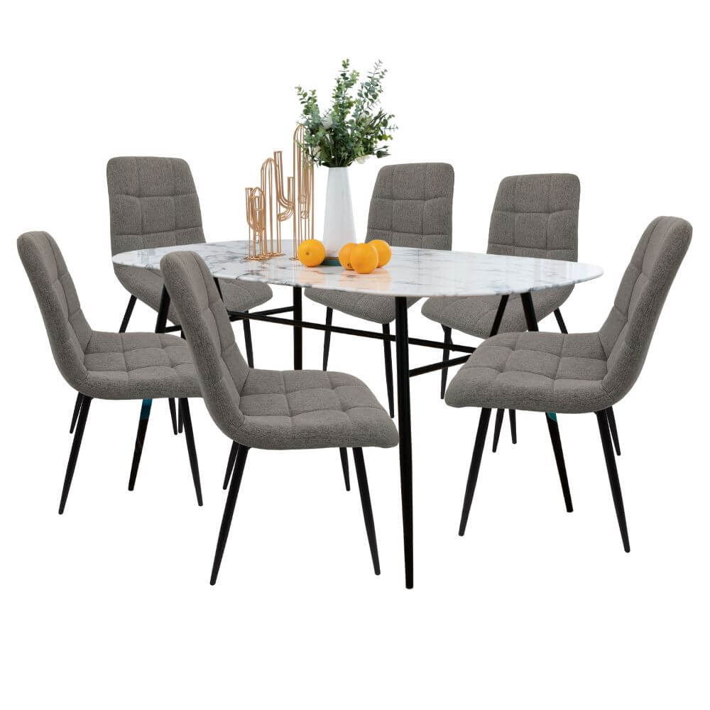 Comedor 6 Personas BKM-003 Tipo Mármol + 6 Sillas Tela BKS-005