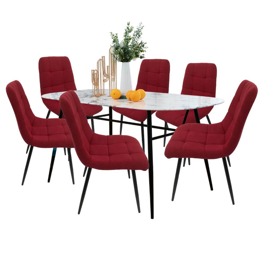 Comedor 6 Personas BKM-003 Tipo Mármol + 6 Sillas Tela BKS-005