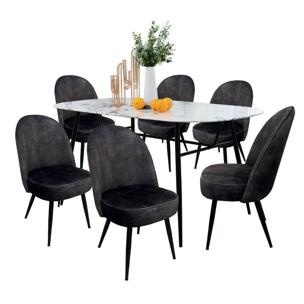 Comedor 6 Personas BKM-003 Vidrio Tipo Mármol + 6 Sillas Tipo Terciopelo BKS-006