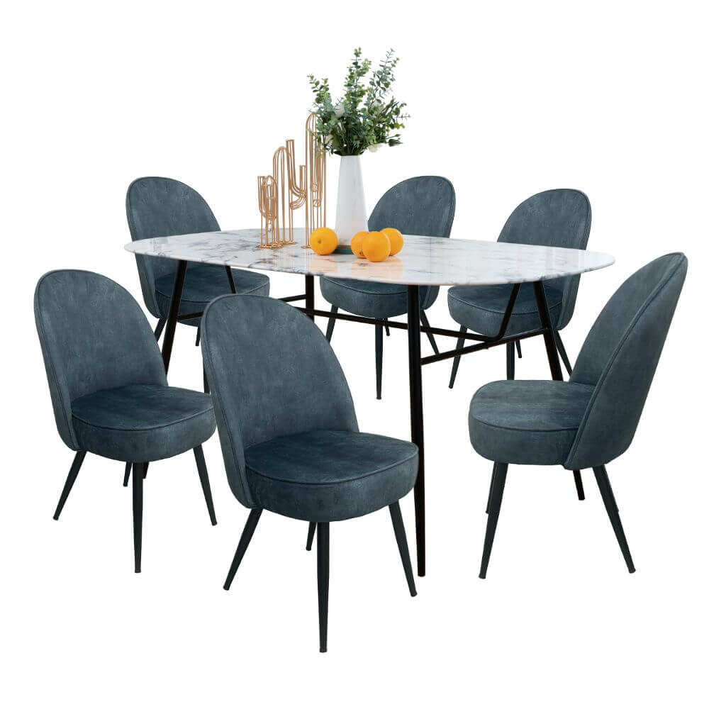 Comedor 6 Personas BKM-003 Vidrio Tipo Mármol + 6 Sillas Tipo Terciopelo BKS-006
