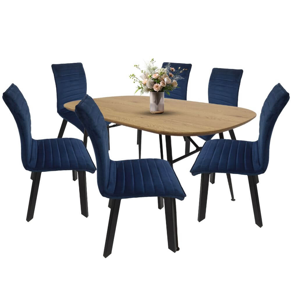 Comedor para 6 personas BKM-002 color Roble + 6 sillas BKS-004 tapizadas