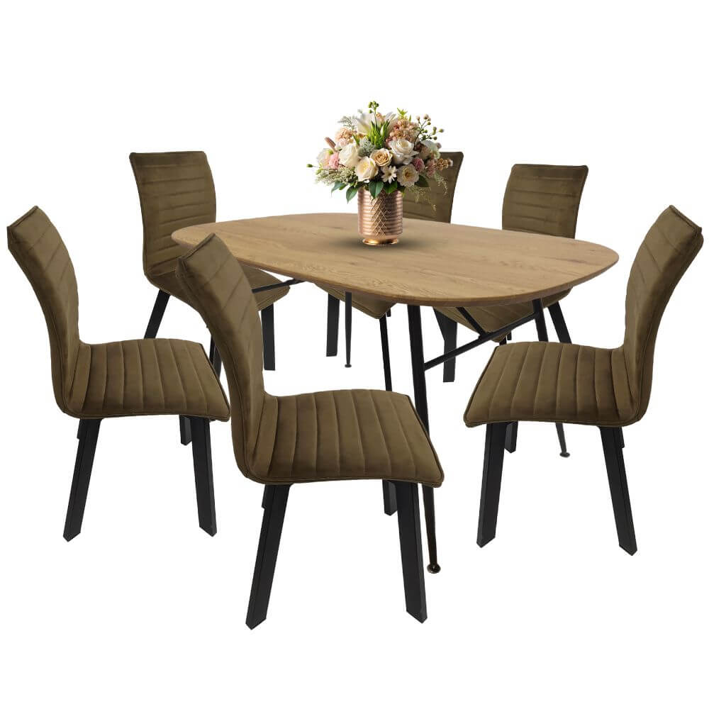 Comedor para 6 personas BKM-002 color Roble + 6 sillas BKS-004 tapizadas