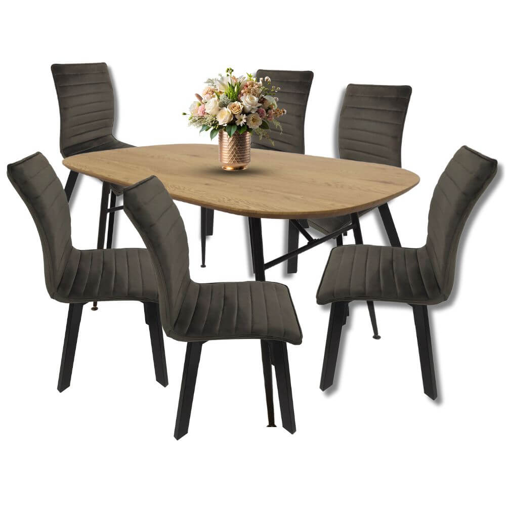 Comedor para 6 personas BKM-002 color Roble + 6 sillas BKS-004 tapizadas
