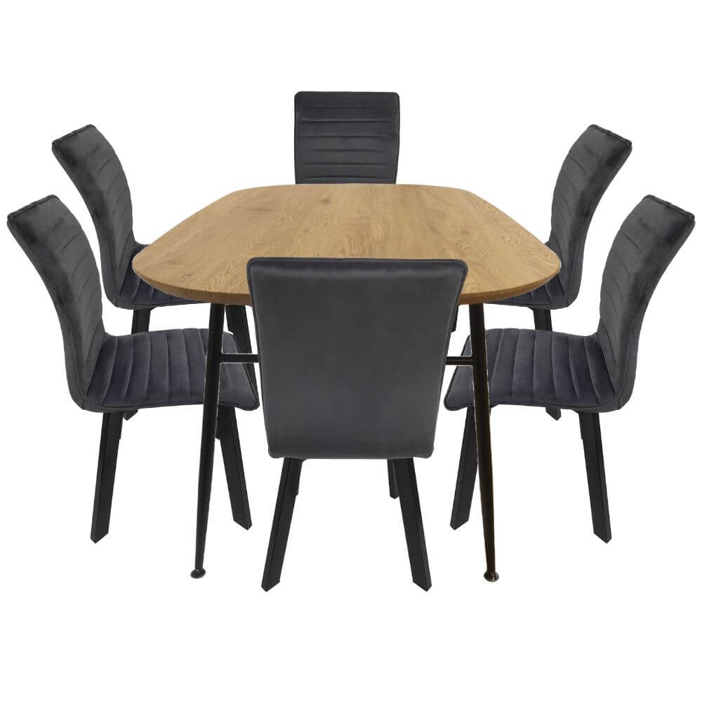 Comedor para 6 personas BKM-002 color Roble + 6 sillas BKS-004 tapizadas