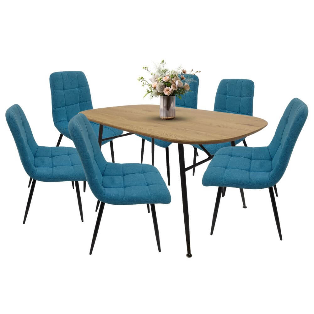 Comedor para 6 personas BKM-002 color Roble + 6 sillas BKS-005 tapizadas