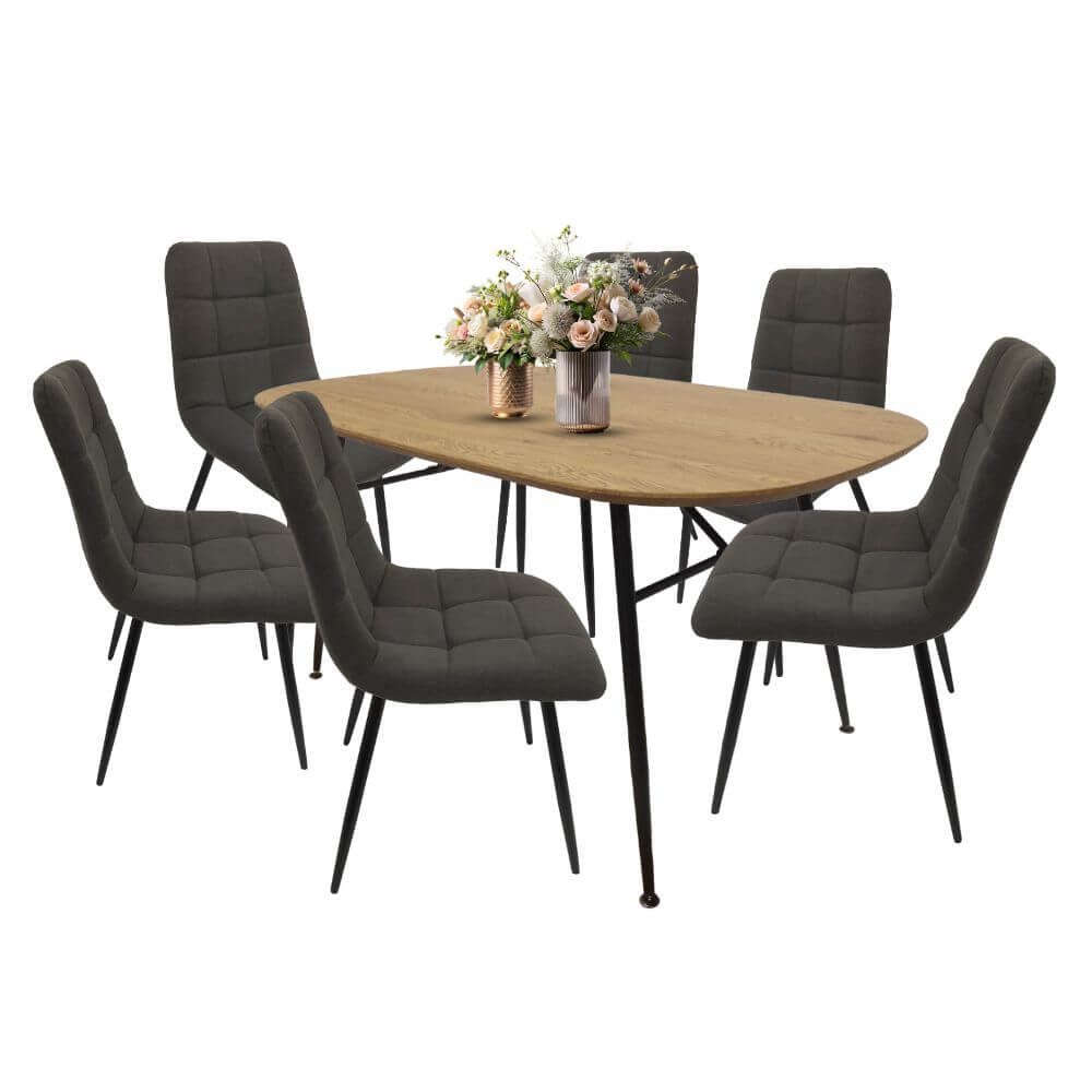 Comedor para 6 personas BKM-002 color Roble + 6 sillas BKS-005 tapizadas