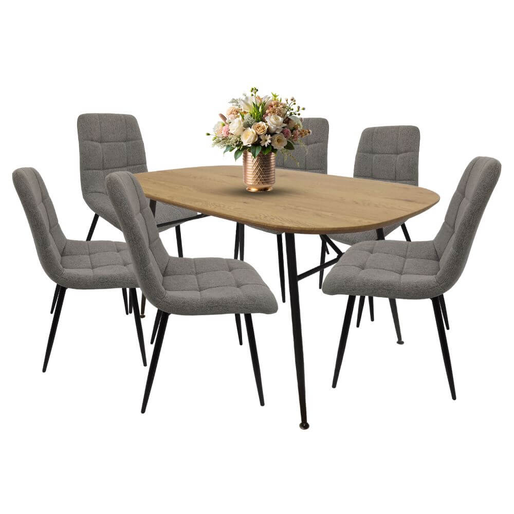 Comedor para 6 personas BKM-002 color Roble + 6 sillas BKS-005 tapizadas