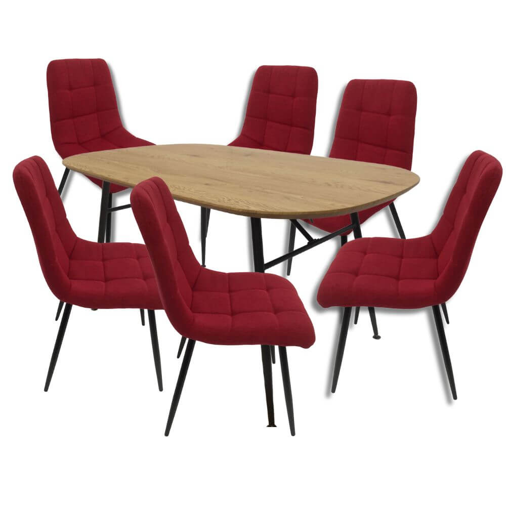 Comedor para 6 personas BKM-002 color Roble + 6 sillas BKS-005 tapizadas