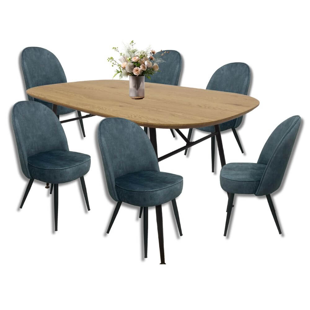 Comedor para 6 Personas BKM-002 Acabado Roble + 6 Sillas Terciopelo BKS-006
