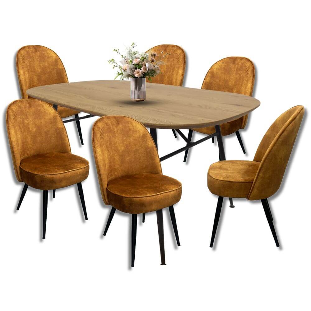 Comedor para 6 Personas BKM-002 Acabado Roble + 6 Sillas Terciopelo BKS-006