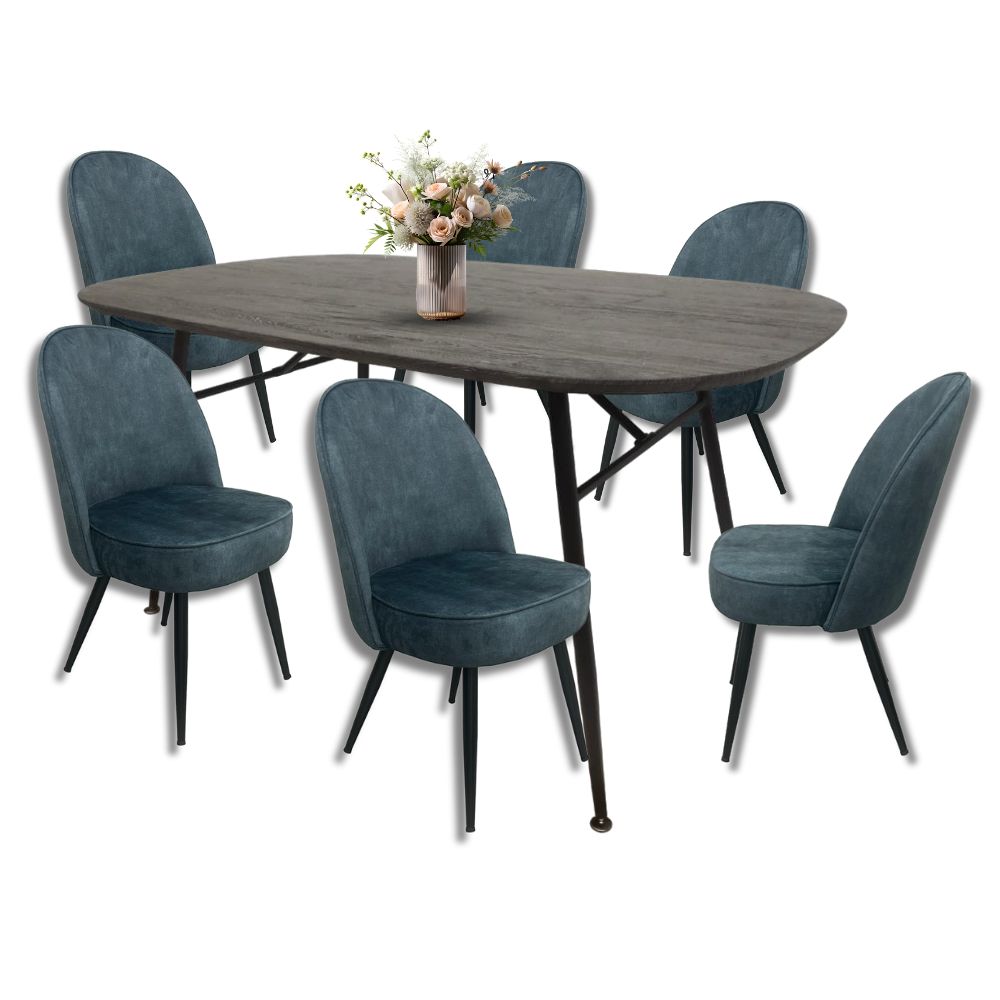 Comedor para 6 Personas BKM-002-NE Negro + 6 Sillas Terciopelo BKS-006