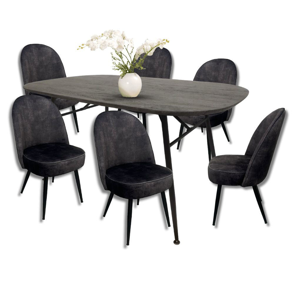 Comedor para 6 Personas BKM-002-NE Negro + 6 Sillas Terciopelo BKS-006