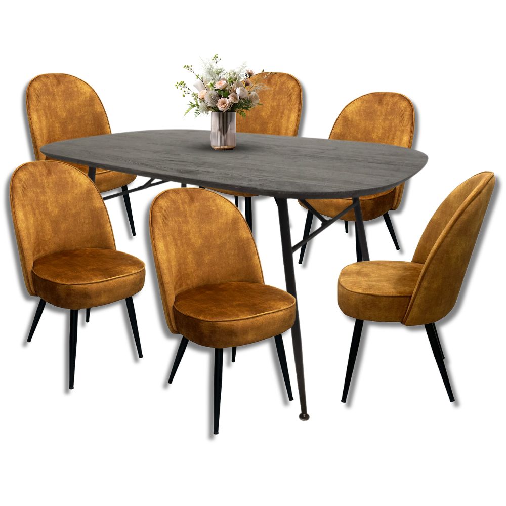 Comedor para 6 Personas BKM-002-NE Negro + 6 Sillas Terciopelo BKS-006