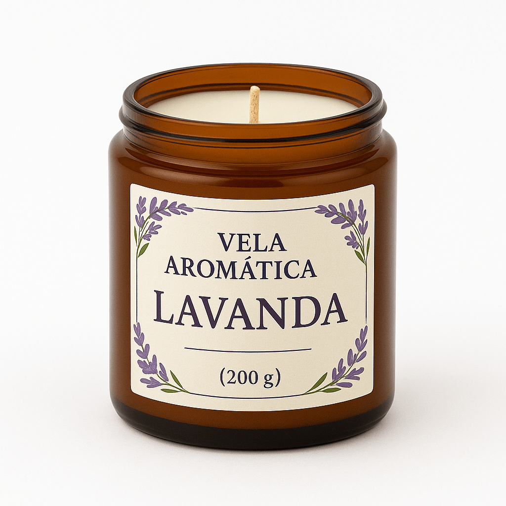 Vela Aromática de Lavanda – Frasco Ámbar (200 g)