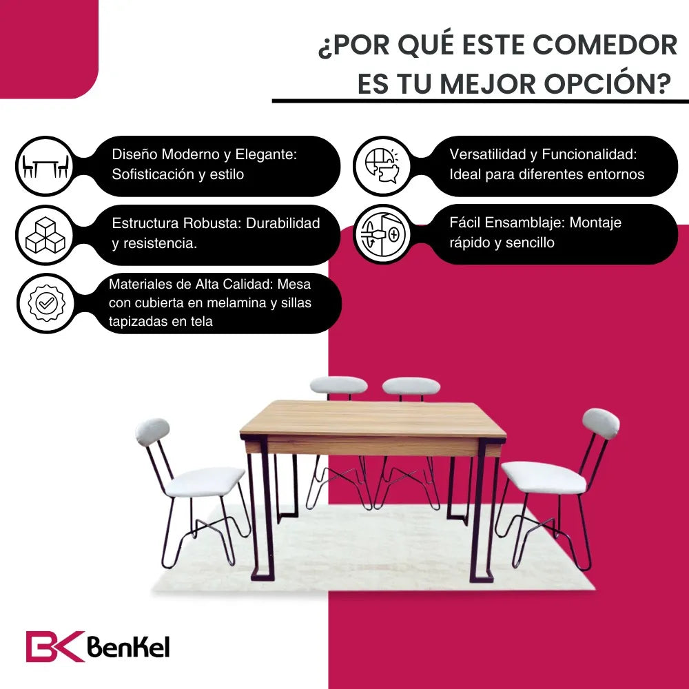 BKMS-001-MA Comedor Tipo Industrial para 4 Personas 120x80 cm