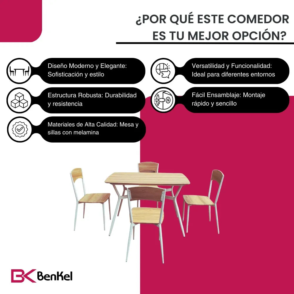 BKMS-002-MA Comedor Minimalista Para 4 Personas Melamina 110x70 cm