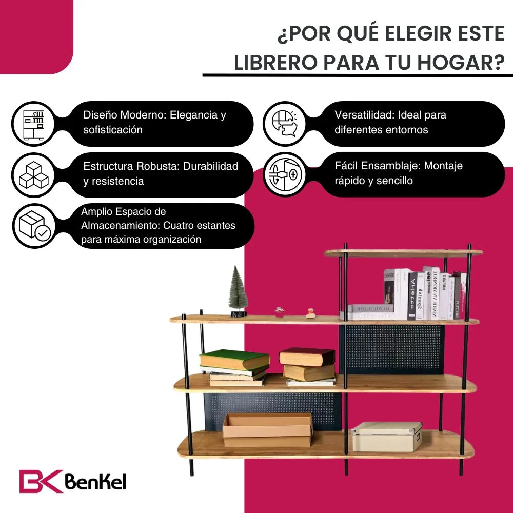 BKES-001 Librero Estante 4 Niveles 160 cm Metal y MDF