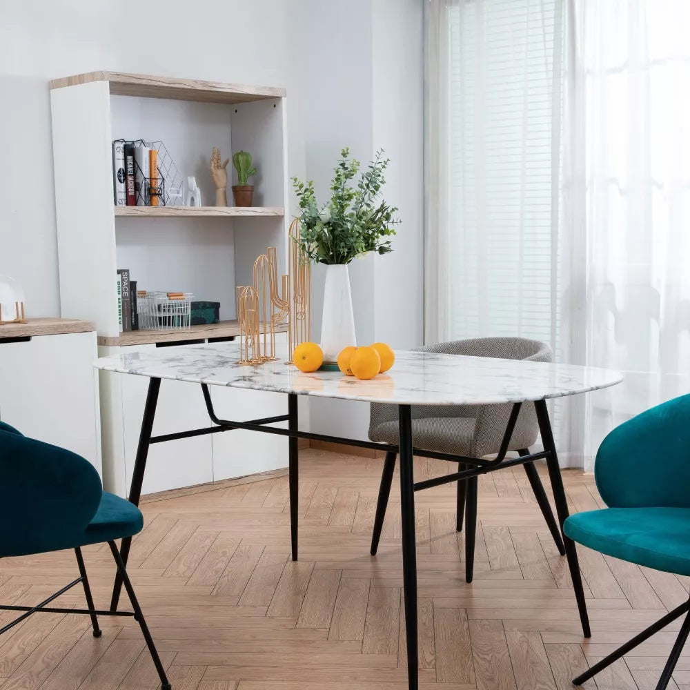 BKM-003-BL – Mesa de Comedor Ovalada con Vidrio Templado Mármol Blanco