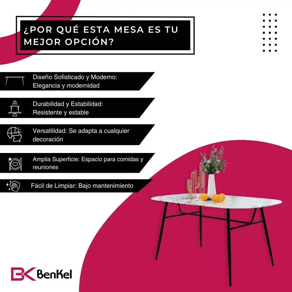BKM-003-BL – Mesa de Comedor Ovalada con Vidrio Templado Mármol Blanco