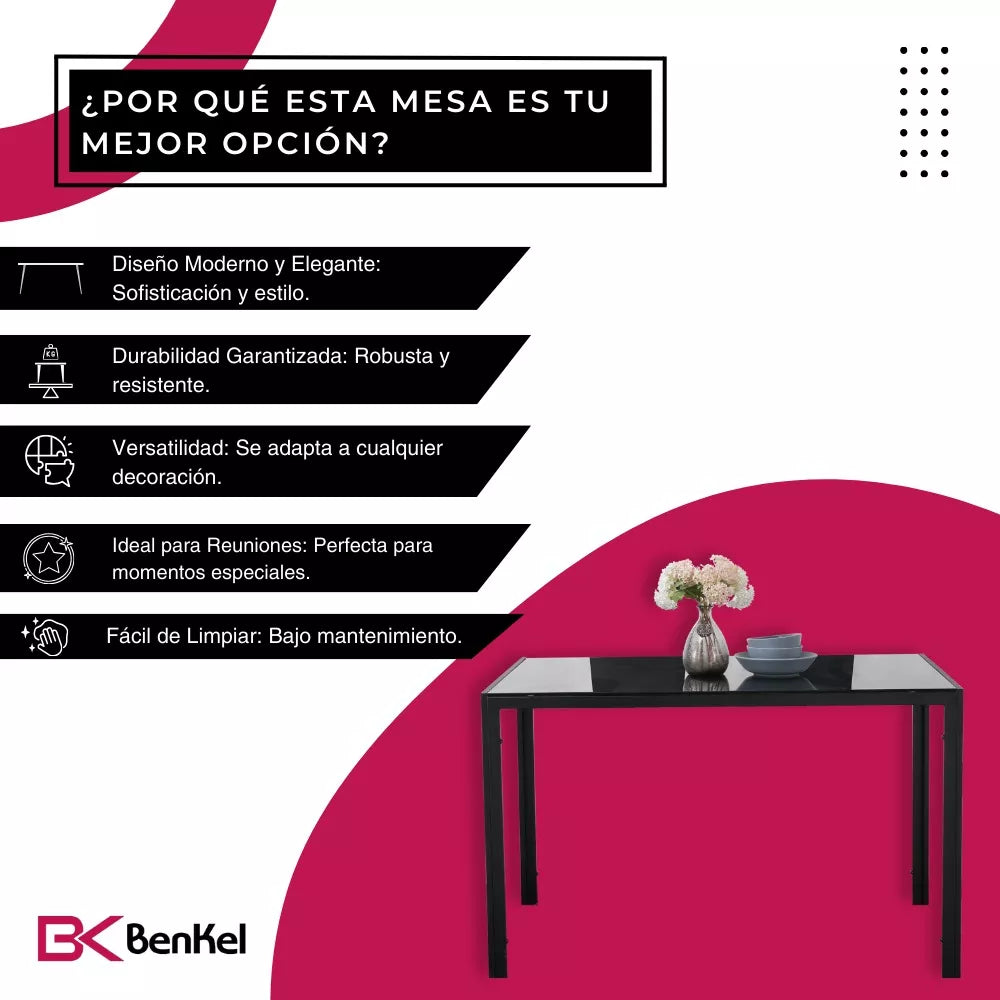 BKM-001 – Mesa para Comedor Rectangular con Vidrio Templado Negro